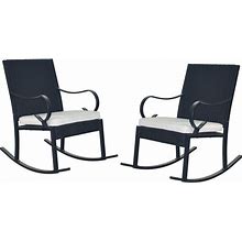 GDF Studio Muriel Outdoor Wicker Rocking Chair With Cushion, Black/White, Set Of, Outdoor Chairs, By GDFSTUDIO