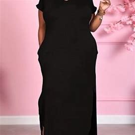 Plus Size Casual Dress, Women's Plus Solid Short Sleeve Round Neck Split Hem Maxi Dress,Black,All-New,Temu