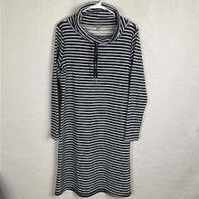 T By Talbots Blue And Gray Striped French Terry Mock Hoodie Dress
