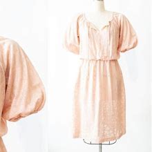Vintage 1970S Peasant Dress // Pastel Pink Floral Tie Neck Puff Sleeve Day Dress By JC Penney