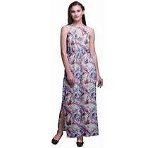 Bimba Leaves Women Printed Crew Neck Side Slits Halter Dress Long Evening Gown-X-Small
