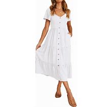 KIRUNDO Womens Summer Dresses 2024 Casual Short Sleeve Button V Neck Tiered A Line Flowy Beach Midi Dress With Pockets