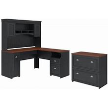 Bush Furniture Fairview L Desk With Hutch & File Cabinet In Antique Black, Black And Cherry, Desks