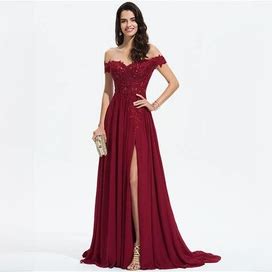 JJ's House A-Line Off The Shoulder Sweep Train Lace Chiffon Formal Dress With Sequins