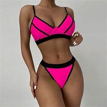 Hupom Womens Swimsuits Tummy Control Underwire Bikini Short Sleeve Retro A-Line Halter Hot Pink M