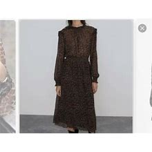 Zara Womans Dress Animal Print Long Sleeve Sheer Top W/ Ruffles Sz