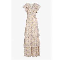 Mikael Aghal Tiered Floral-Print Broderie Anglaise Maxi Dress - Women - Lilac Dresses - US 4