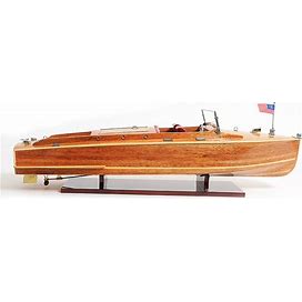 Chris Craft Runabout Wooden Handcrafted Boat Model, Gold/Mahogany/Red, Figurines, By Old Modern Handicrafts