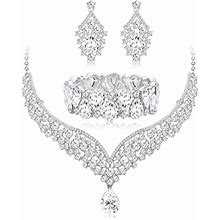 IRONBOX Crystal Wedding Bridal Jewelry Set For Women Prom Sliver Rhinestone Teardrop Necklace Earrings Bracelet Wedding Bridesmaid Gifts Fit With