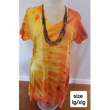 Orange And Yellow Sunshine Ice Tye Dyed Side Burst V Neck T-Shirt Dress In L/XL. Great Casual Dress Or Bathing Suit Cover Up.