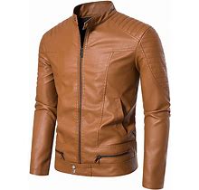 Men's Solid Color Stand Collar Leather Jacket,XL