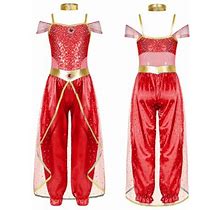 Aislor Kids Girls Arabian Princess Costume Cosplay Jumpsuit With Choker For Halloween Carnival Party Red 14
