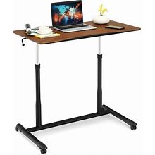 Costway Contemporary Wood Adjustable Height Rolling Computer Desk In Brown