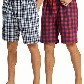 Plaid Pattern Pocket Elastic Waist Cotton Shorts, Men's 2Pcs Sleep Bottoms Shorts Pajama, Sleepwear, Sleep Dress,Red,Reliable,Temu