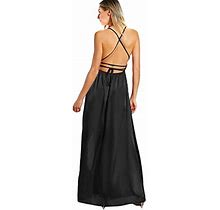 Shein Womens Sexy Satin Deep V Neck Backless Maxi Party Evening Dress Small Black