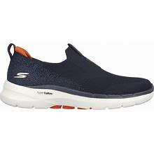 Skechers Men's GO WALK 6 Slip-On Shoes | Size 9.0 Extra Wide | Navy/Orange | Textile