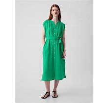 Women's Crinkle Gauze Belted Midi Dress By Gap Simply Green Petite Size XS