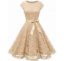 Gdreda Long Formal Dress Women's Vintage Lace Collar Lace Tucked Waist Large Swing Dress 2024 Party Dress Beige,L