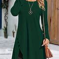 Solid Color Fake Buttons Dress, Women's Asymmetrical Hem Solid Dress Casual Crew Neck Long Sleeve Women's Clothing Dress With,Green,High Demand,Temu