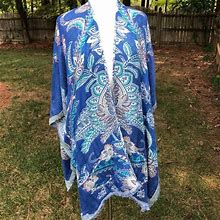 Chicos Reversible Shawl Wrap Kimono Blue Floral Print Women's Size One Size
