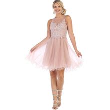 May Queen - MQ1584 Beaded Lace Ornate A-Line Cocktail Dress