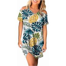 Puntoco Dresses For Women Clearance,Women's Summer Vacation Floral Short Sleeve Knit V Neck Dress Mini Dress