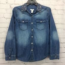 Chico's Denim Shirt Womens Sz 0 US (XS/4) Button Up Fading Embellished Collar