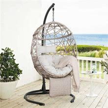 Ulax Furniture Outdoor Indoor Rattan Egg Swing Chair With Stand And Extendable Footrest Beige