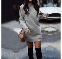 Women's Fashion Solid Color Round Neck Cotton Pullover Dress | Gray | 2XL