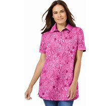 Plus Size Women's Perfect Printed Short-Sleeve Polo Shirt By Woman Within In Peony Petal Paisley (Size L)