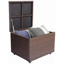 Outdoor Wicker Deck Box Rattan Storage Cabinet With Wheels 20 Gallon Capacity Brown