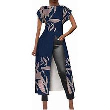 Tagold Women's Fashion Casual Sexy Short Sleeve Round Neck Printing Hem Slit Mid-Waist Dress Sky Blue L