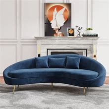 Modern 83" Blue Velvet Curved 3 Seater Sofa Gold Legs Toss Pillow Included