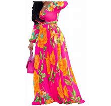 Lvenzse Womens Maxi Dress Boho Chiffon Floral Printed V-Neck Long Dresses
