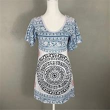 Free People Mini Dress Size S Mandala Print Jersey Knit Flutter Sleeve Boho - Women | Color: Blue | Size: S