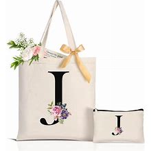 AUNOOL Monogram Tote Bag For Bridesmaid Wedding Day, Initial Canvas Makeup Bag With Zipper, Personalized Birthday Gifts For Women Mom Grandma Sister