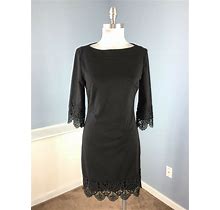 Eci S 4 Black Ponte Sheath Dress Lace Crochet 3/4 Sleeve Scalloped
