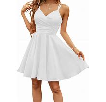 Taxbez Spaghetti Strap Satin Homecoming Dresses V Neck Short Prom Dress For Teens Mini Cocktail Gowns