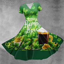 Don't Miss! Gomind Ladies Princess Dress Sexy V-Neck St. Patrick's Day Printed Waist Pulled Ruffle Short Sleeve Dress Army Green XXL
