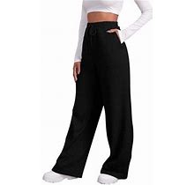 Womens Low Waisted Wide Leg Straight Pants Drawstring Elastic Waist Solid Color Fleece Cargo Sweatpants Loose Fit Casual Trousers Pants With Pockets