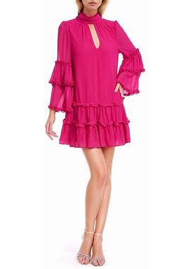 Jewel Badgley Mischka Tiered Ruffle Long Sleeve Keyhole Cutout Trapeze Dress In Pink At Nordstrom, Size 8