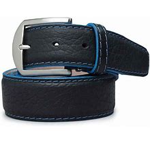 American Bison Belt In Black With Denim Blue Stitching By L.E.N., 32
