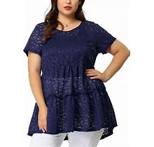 Women's Plus Tunic Tiered Lace Round Neck Short Sleeve Peplum Tops, Size: 1XL, Blue