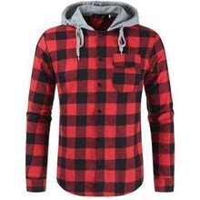 Sunsiom Men's Black/White/Red Men Casual Hooded Coat Plaid Printed Pattern Long Sleeve Hoodies Button Down Jacket