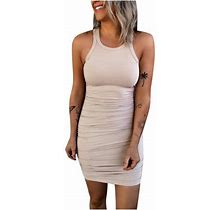 Womens Summer Ribbed Bodycon Dress Sleeveless Casual Solid Color Mini Dress Racerback Slim Ruched Club Short Dress