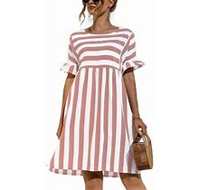 Avamo Short Sleeve Summer Dress For Women Color Block Crewneck Pockets Tunic Dress Flowy Swing Dresses Pink S=Us 4-6