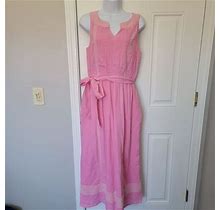 Talbots Petite 100% Cotton Pink Summer Sleeveless Dress Embroidered