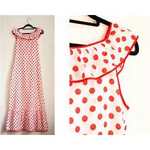 Vintage 70S White And Red Polkadot Ruffle Maxi Dress / Petite / UK6-8 / Size XS