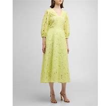 Maison Common Floral Lace 3/4-Sleeve Midi Dress, Yellow, Women's, 16, Cocktail & Party Wedding Guest Dresses 3/4 & Elbow-Sleeve Dresses