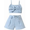 Toddler Little Girl Clothes Sleeveless Ruffle Trim Halter Top And Shorts Sets Kids 2Pcs Summer Outfits Light Blue 4-5Years